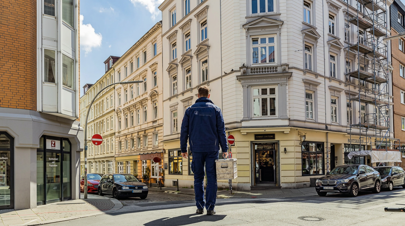 MURAPI Handwerker mit Werkzeugkoffer von hinten auf einer Hamburger Straße im Einsatz