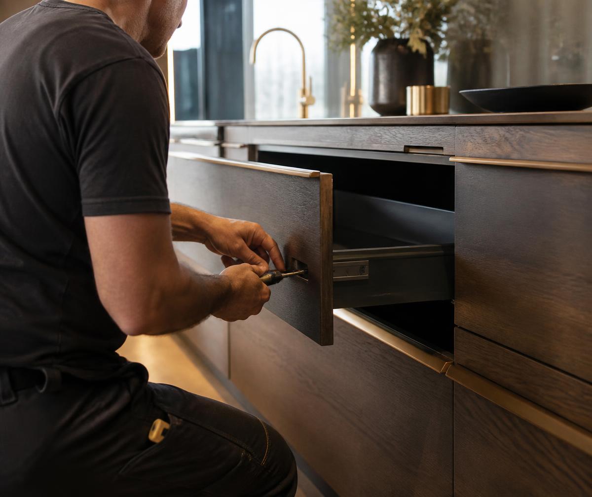 MURAPI Handwerker montiert präzise eine hochwertige Designerküche in Hamburg